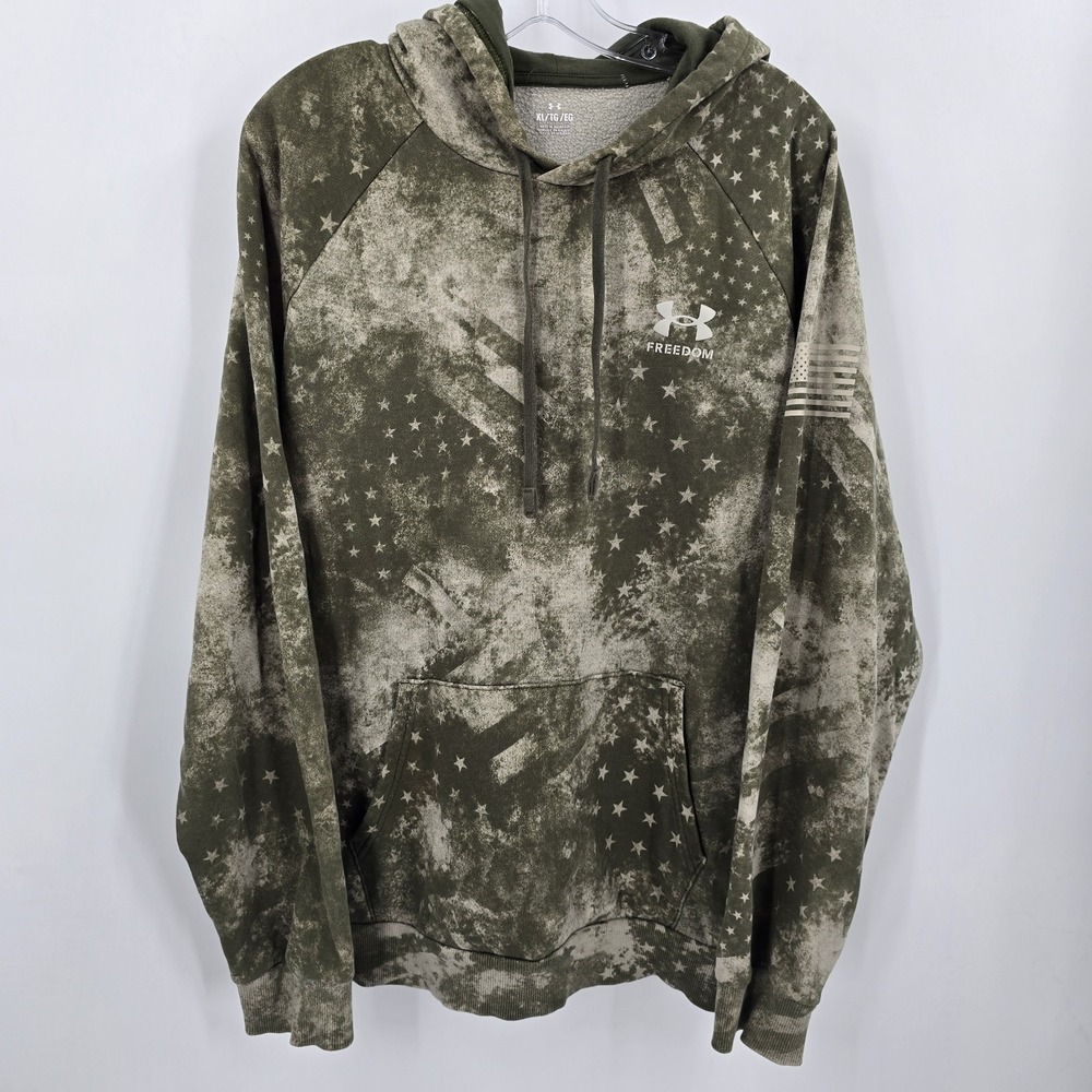 Under Armour Hoodie Mens‎ XL Green Camo Freedom Rival Fleece Pullover Stars Flag